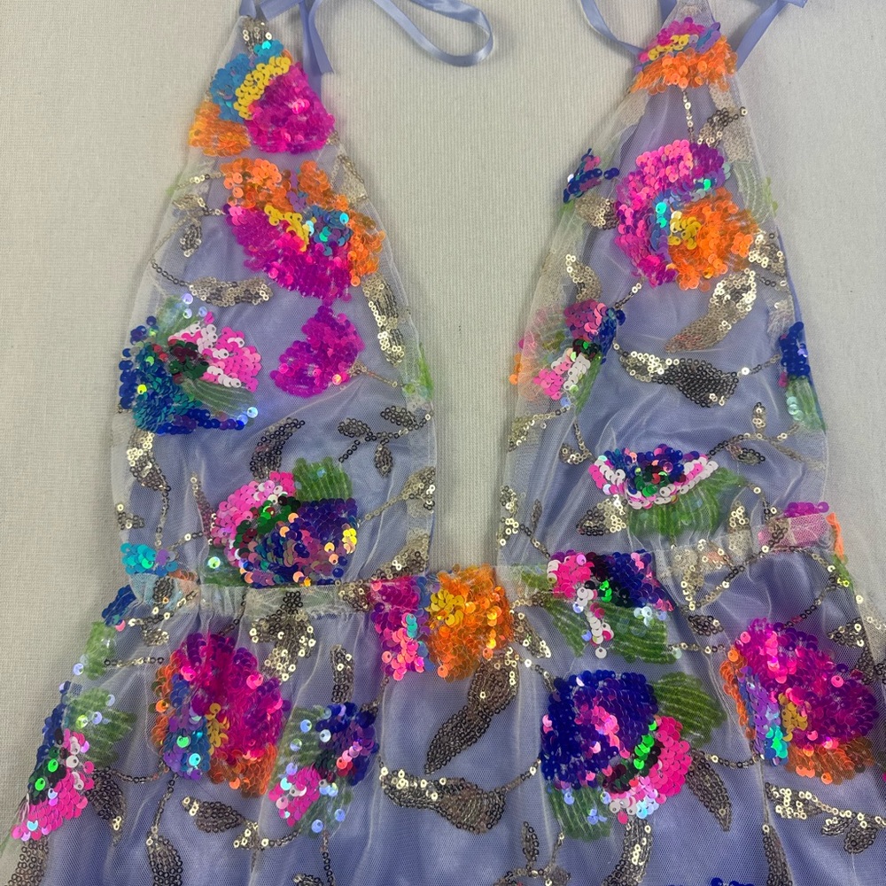 Sequined colorful top/dress tie straps deep v neck flare a line